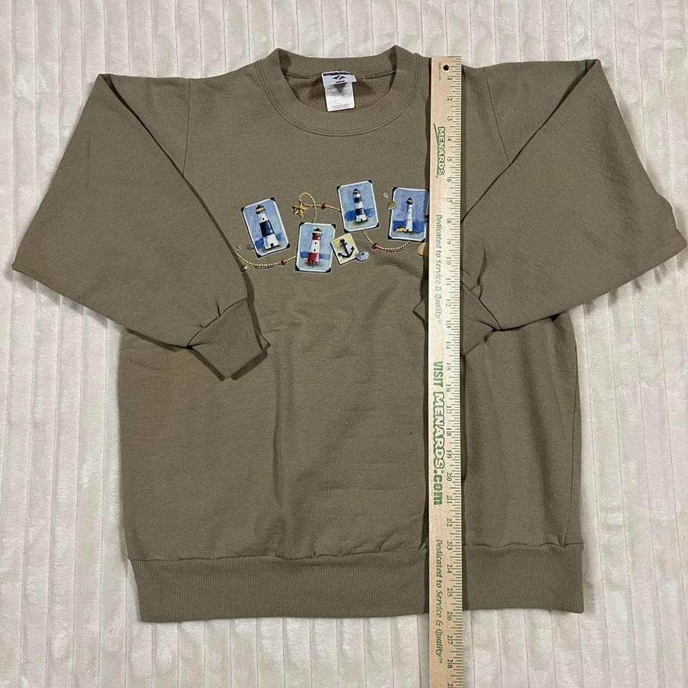 Large Khaki/Tan Light House Nautical Print Graphic Sweat Shirt - Picture 2 of 7